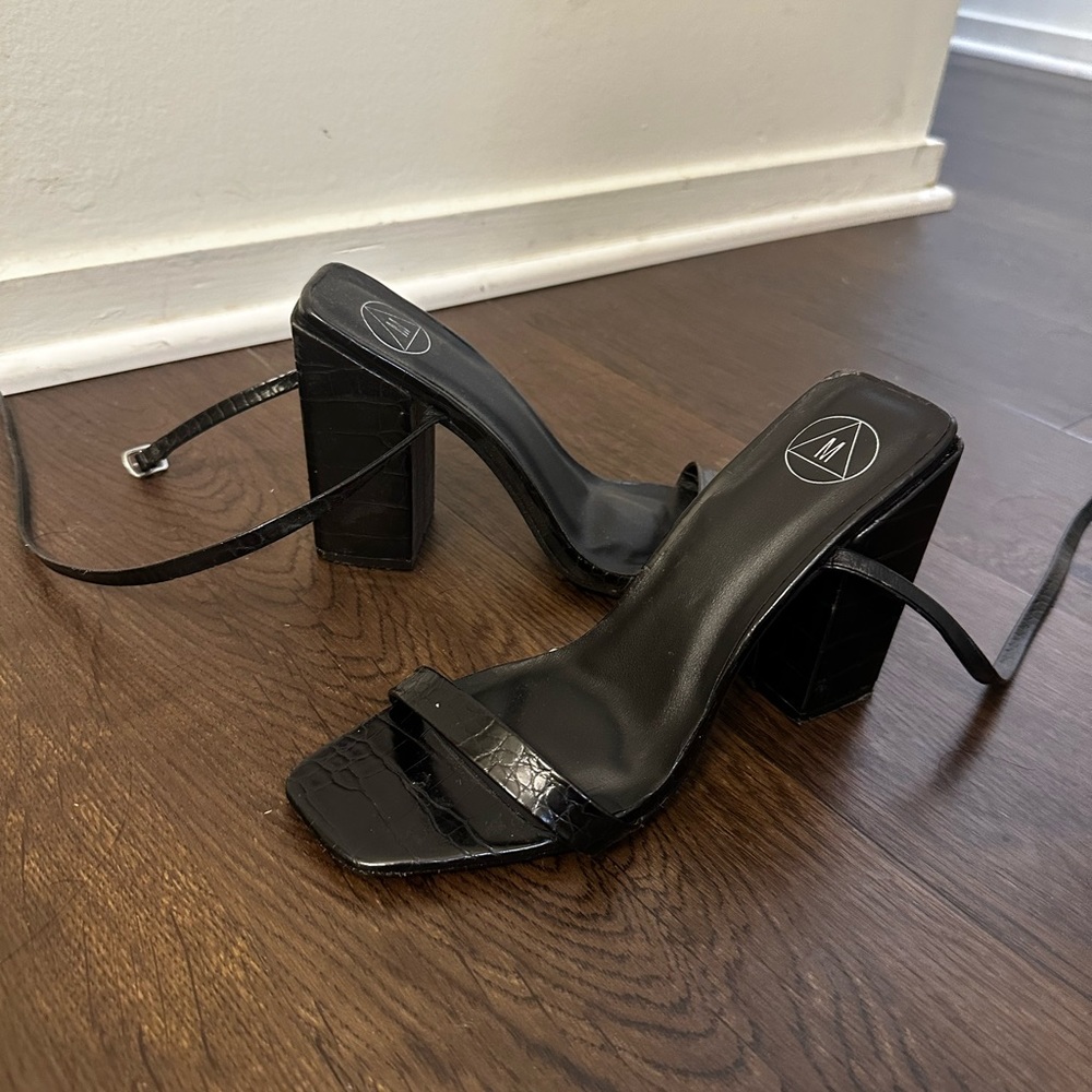 Misguided black snake skin block heels